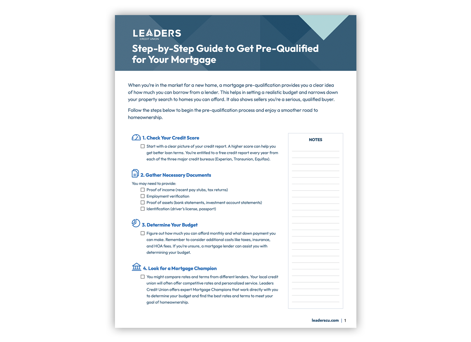 Preview of mortgage pre-approval guide by Leaders Credit Union.