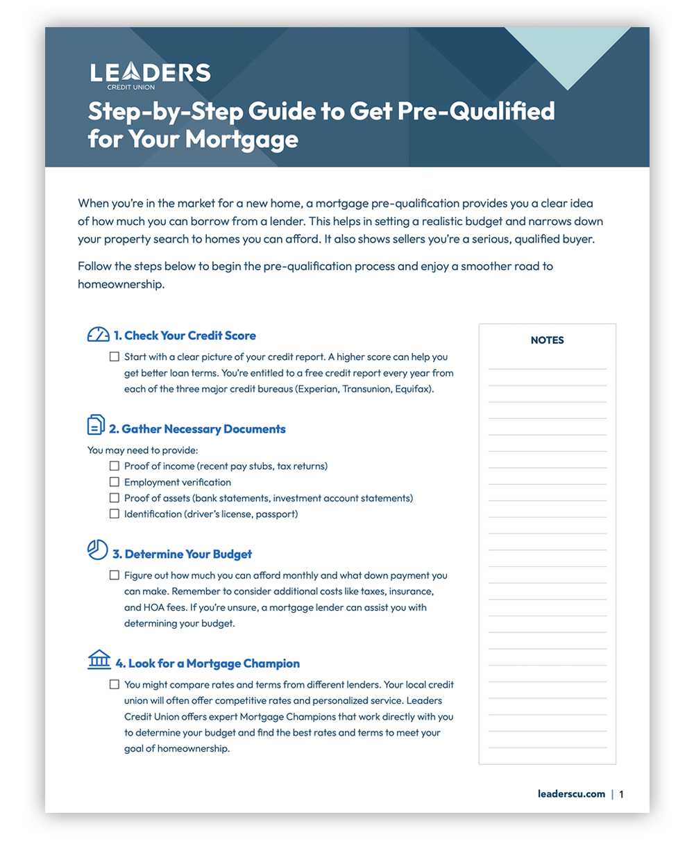 Preview of mortgage pre-approval guide by Leaders Credit Union.